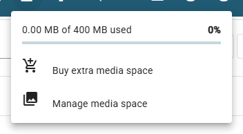 The Media Space menu of the top bar: the usage line, the percentage, the gauge and the Buy extra media space and Manage media space entries.