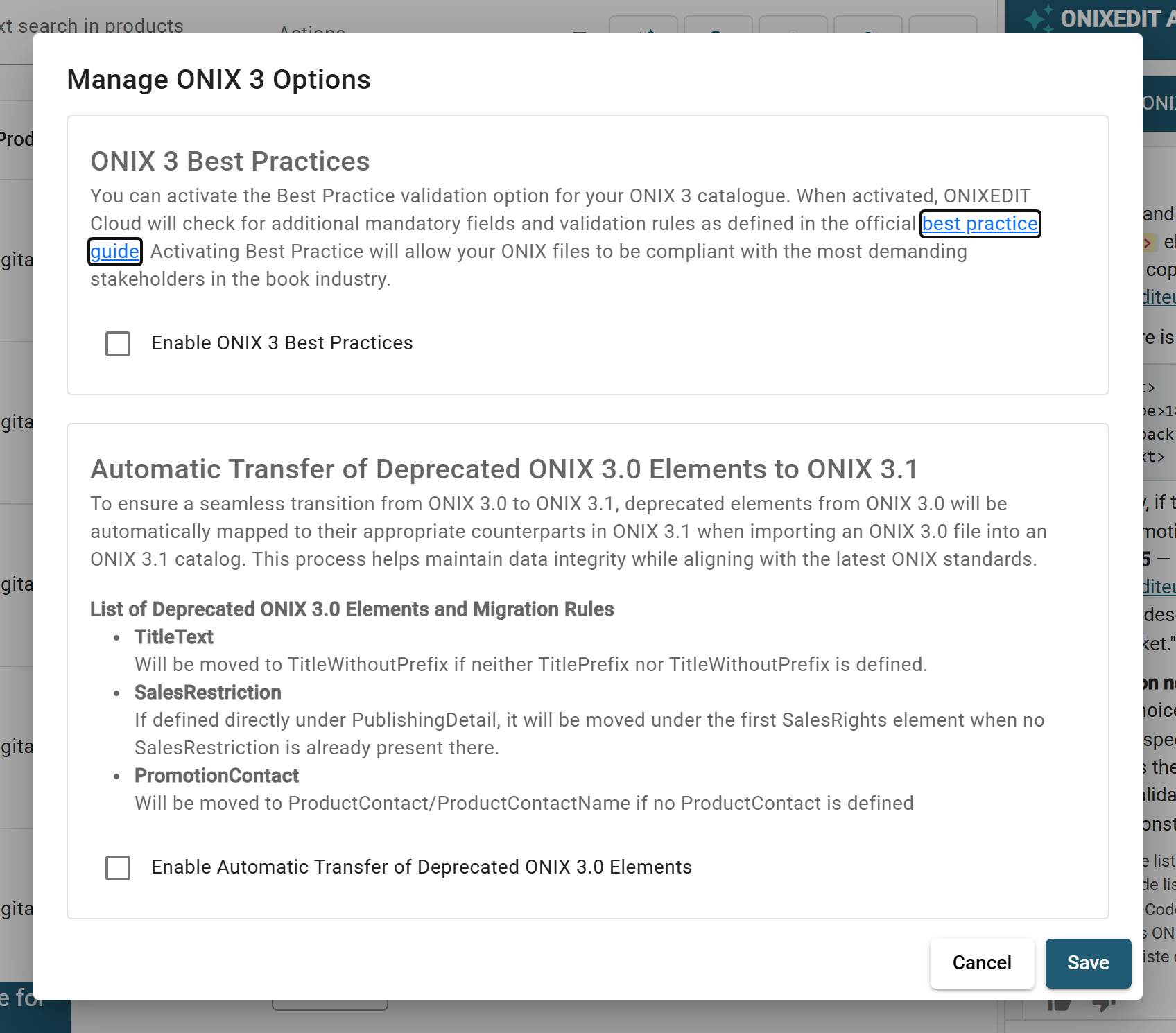 The Manage ONIX 3 Options dialog with the ONIX 3 Best Practices card and the automatic transfer of deprecated ONIX 3.0 elements card.