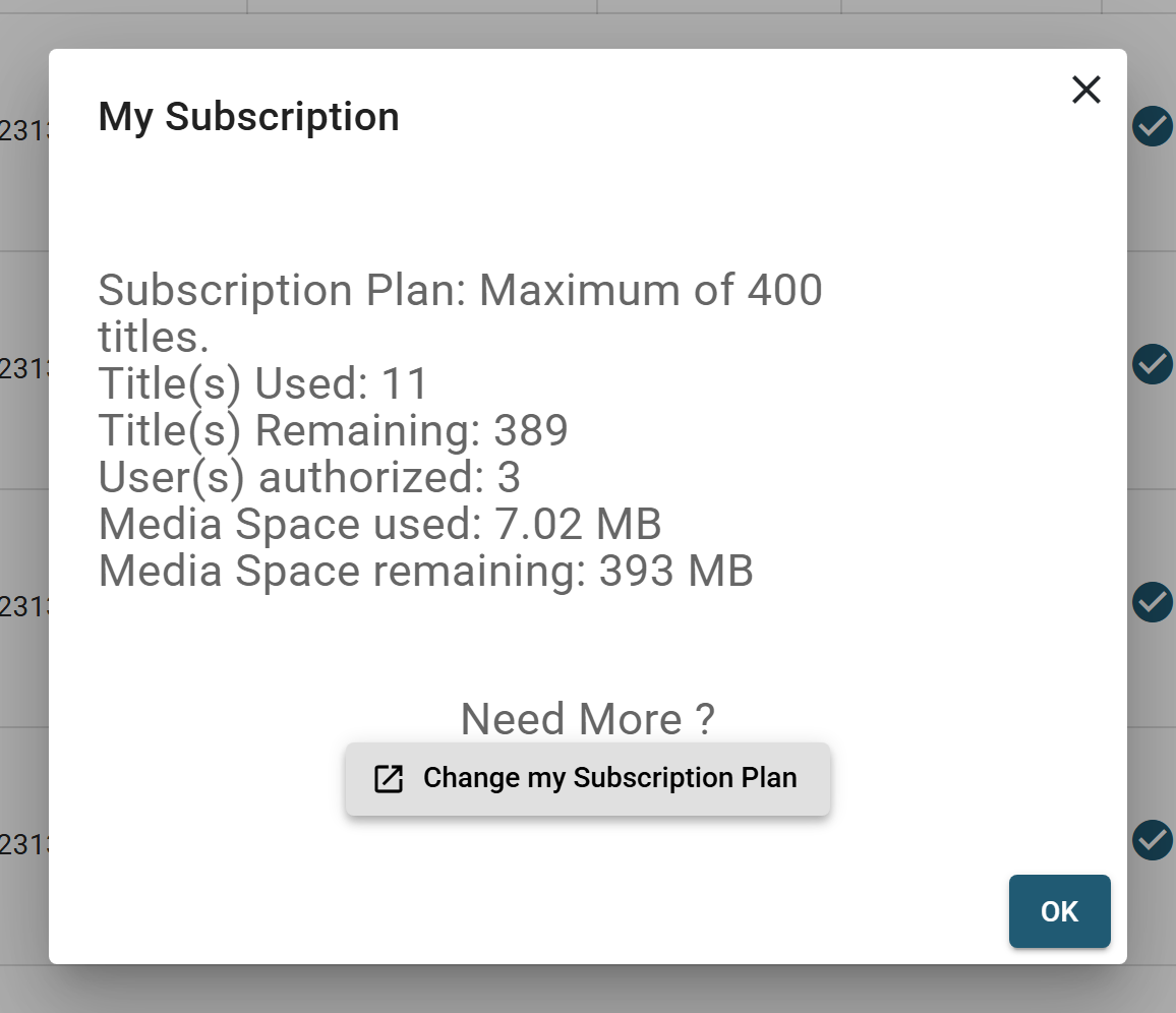 The My Subscription dialog: plan, titles used and remaining, authorized users, media space used and remaining, and the Change my Subscription Plan button.
