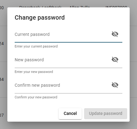 The Change password dialog with the Current password, New password and Confirm new password fields.