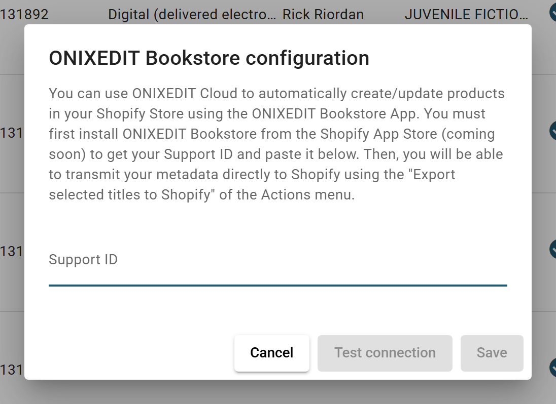 The ONIXEDIT Bookstore configuration dialog with the Support ID field and the Cancel, Test connection and Save buttons.