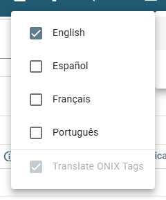 The Language menu with the Interface sub-menu open, listing English, Español, Français, Português and the Translate ONIX Tags option
