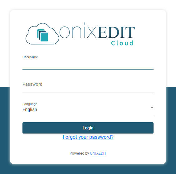 The ONIXEDIT Cloud sign-in form with the Username, Password and Language fields, the Login button and the Forgot your password? link