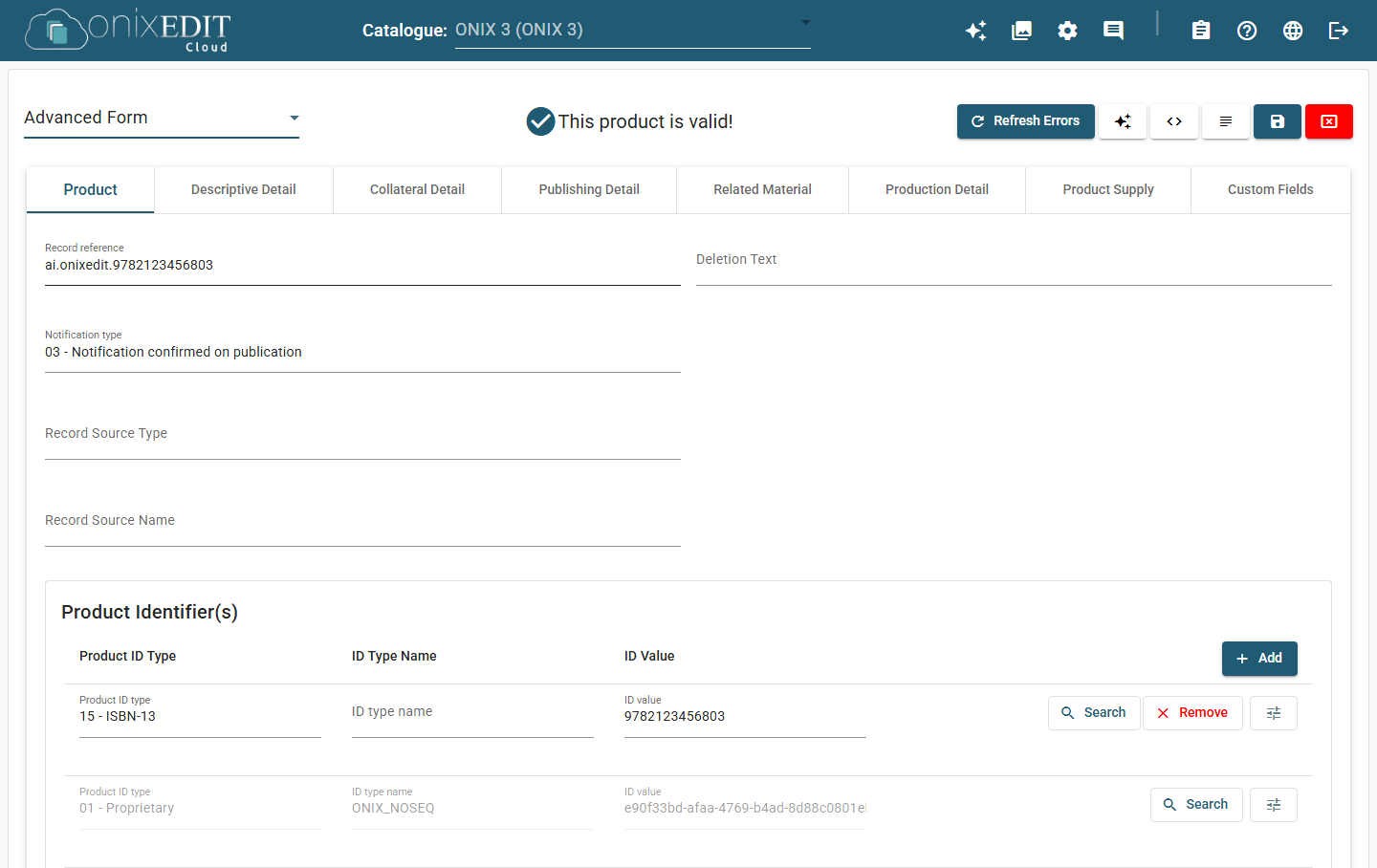 The Advanced Form of an ONIX 3 title: one tab per top-level ONIX composite, from Product to Custom Fields.