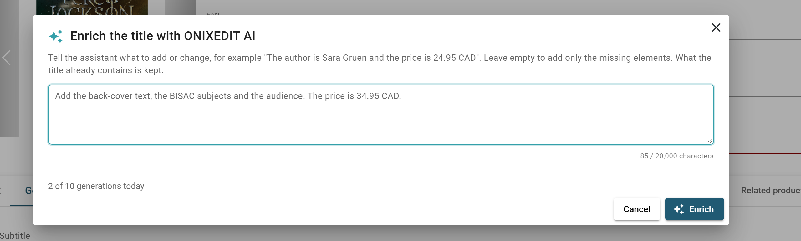 The Enrich the title with ONIXEDIT AI dialog: the optional instructions box, the daily counter of generations and the Enrich button