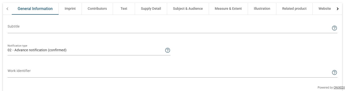 A tab of the entry form with Show help fields enabled: each documented field carries a question-mark icon, and a text field shows its code-list drop-down.
