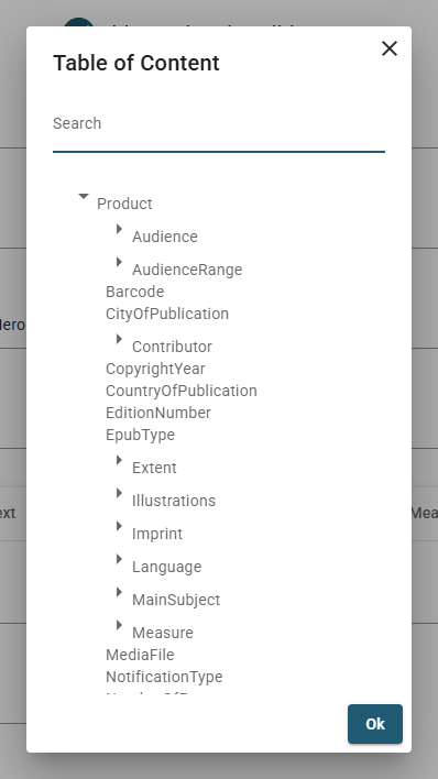 The Table of Content dialog listing the composites and fields of the current form, with its search box.