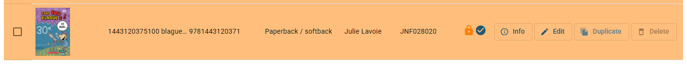 A locked title in the title list: orange row, padlock in the ONIX column and a disabled Delete button