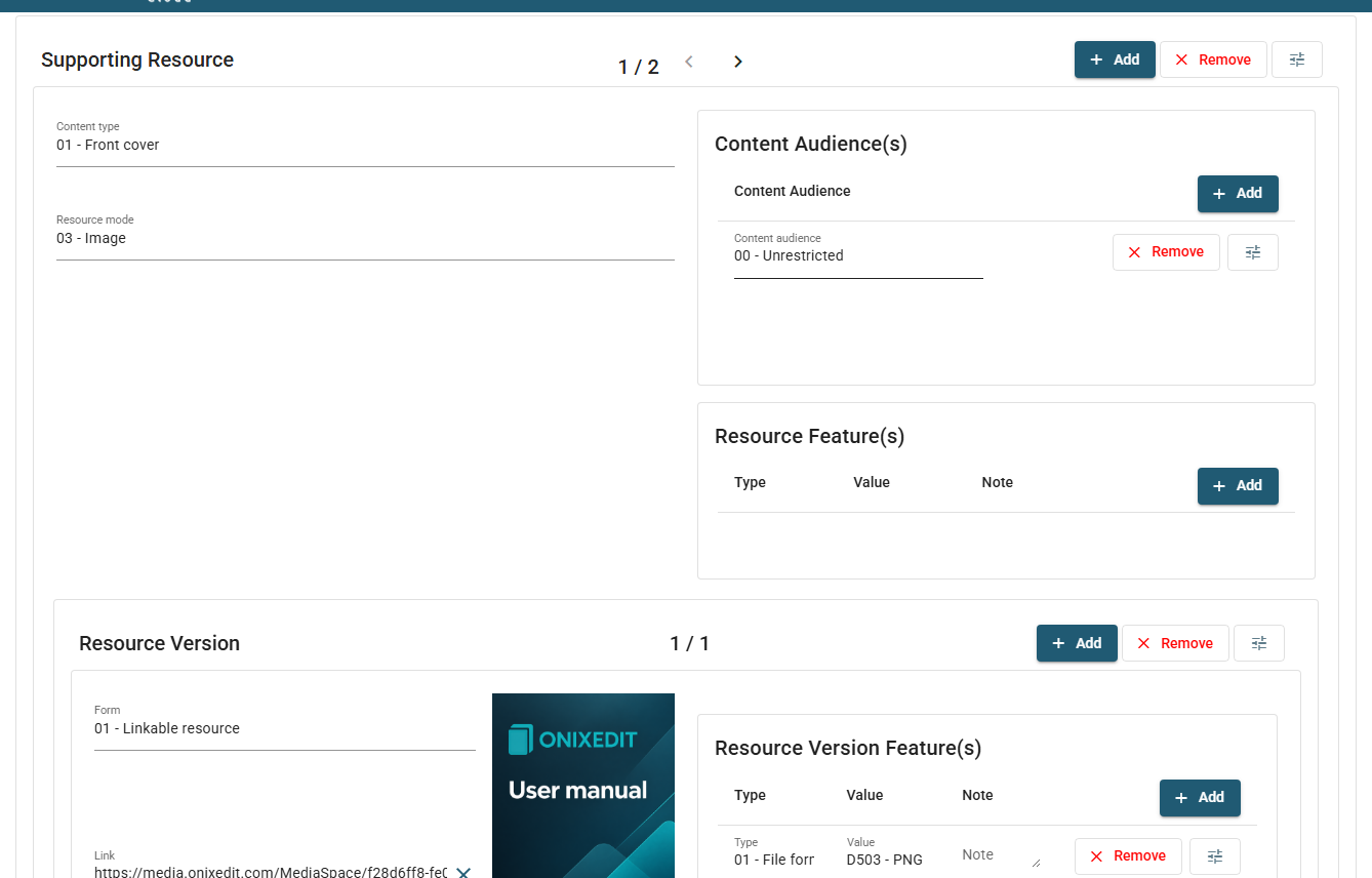 The same files in the advanced form: the Supporting Resource carousel with its fields, and the nested Resource Version carousel holding the link and the file features.