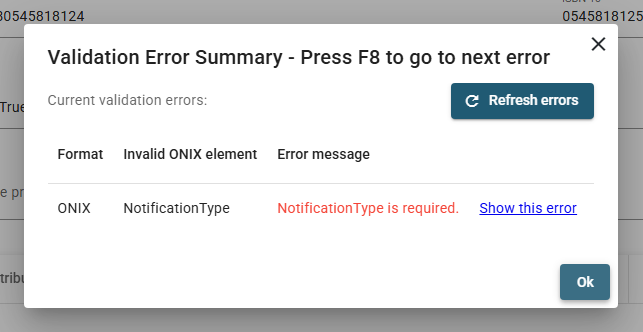The Validation Error Summary dialog listing each error with its format, ONIX element, message and a Show this error link