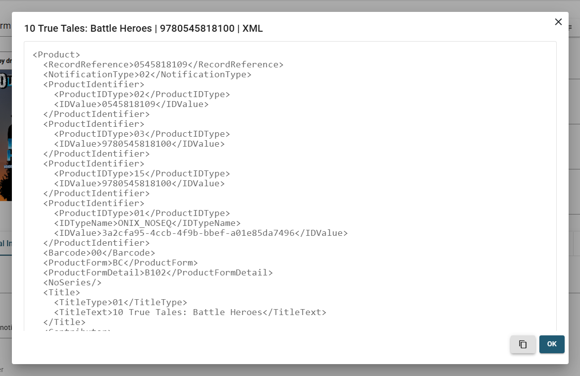 The XML dialog showing the ONIX of the current title, with the copy button.
