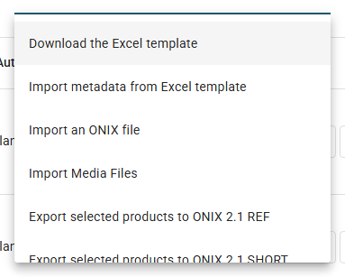 The Actions dropdown open on an ONIX 2.1 catalogue, from the Excel template and the imports to Transmit to Partners