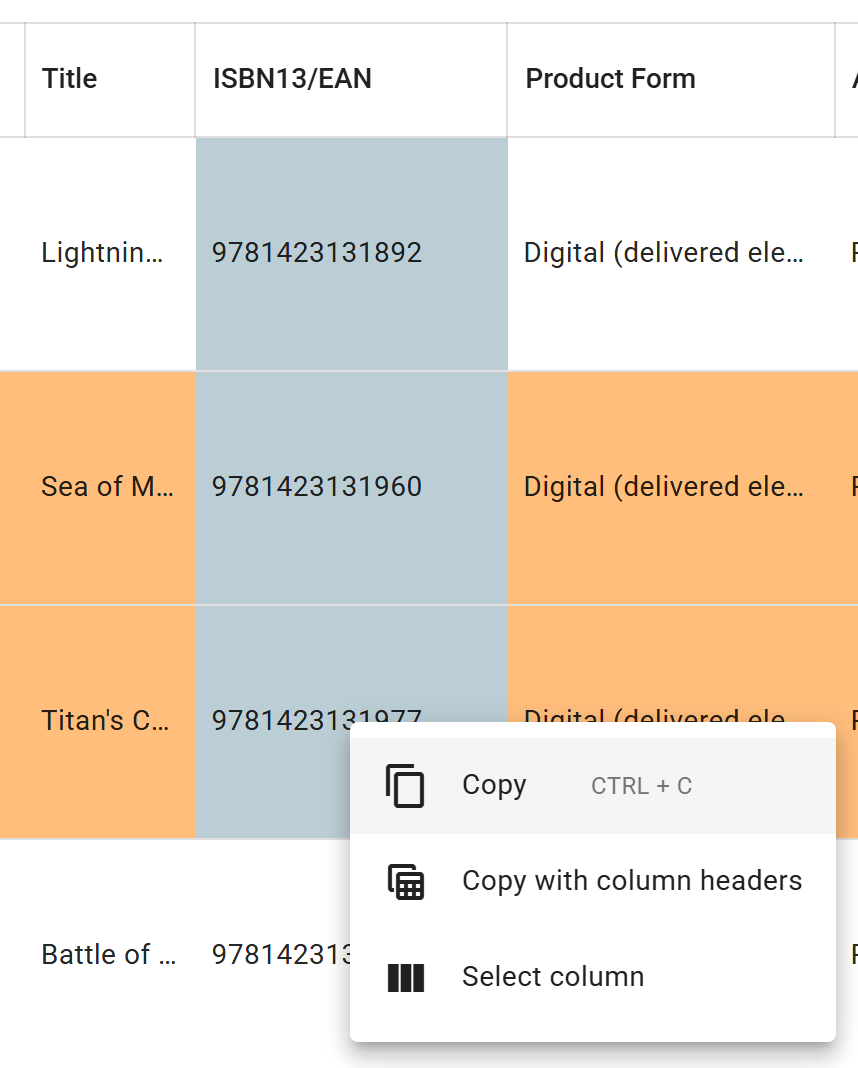 ISBN13/EAN cells selected in the list and the menu of a right-click on them: Copy, Copy with column headers and Select column