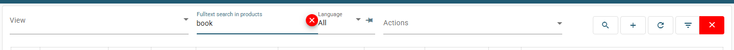 The toolbar after a full-text search on the word book: the search field with its clear button, the Language selector with its pin, and the active red Clear all searches cross
