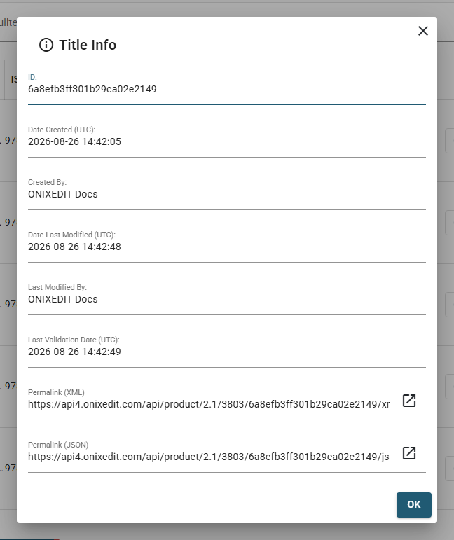 The Title Info dialog with the creation and modification dates, the users involved, the last validation date and the two permalinks