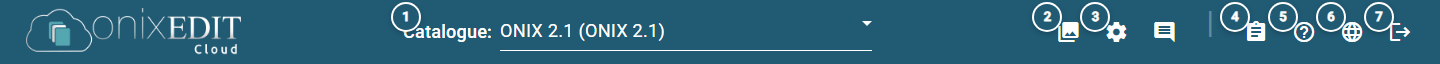 The ONIXEDIT Cloud top bar: the logo, the catalogue selector and, on the right, the Media Space, Settings, comment, Notifications, Help, Language and Logout icons