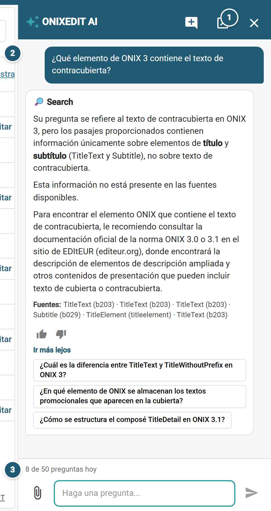 El panel ONIXEDIT AI anclado a la derecha de la lista de títulos: la pregunta formulada, la respuesta con los elementos ONIX que menciona resaltados, el contador diario y la zona de pregunta.