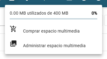 El menú Espacio multimedia de la barra superior: la línea de uso, el porcentaje, el indicador y las entradas Comprar espacio multimedia y Administrar espacio multimedia.