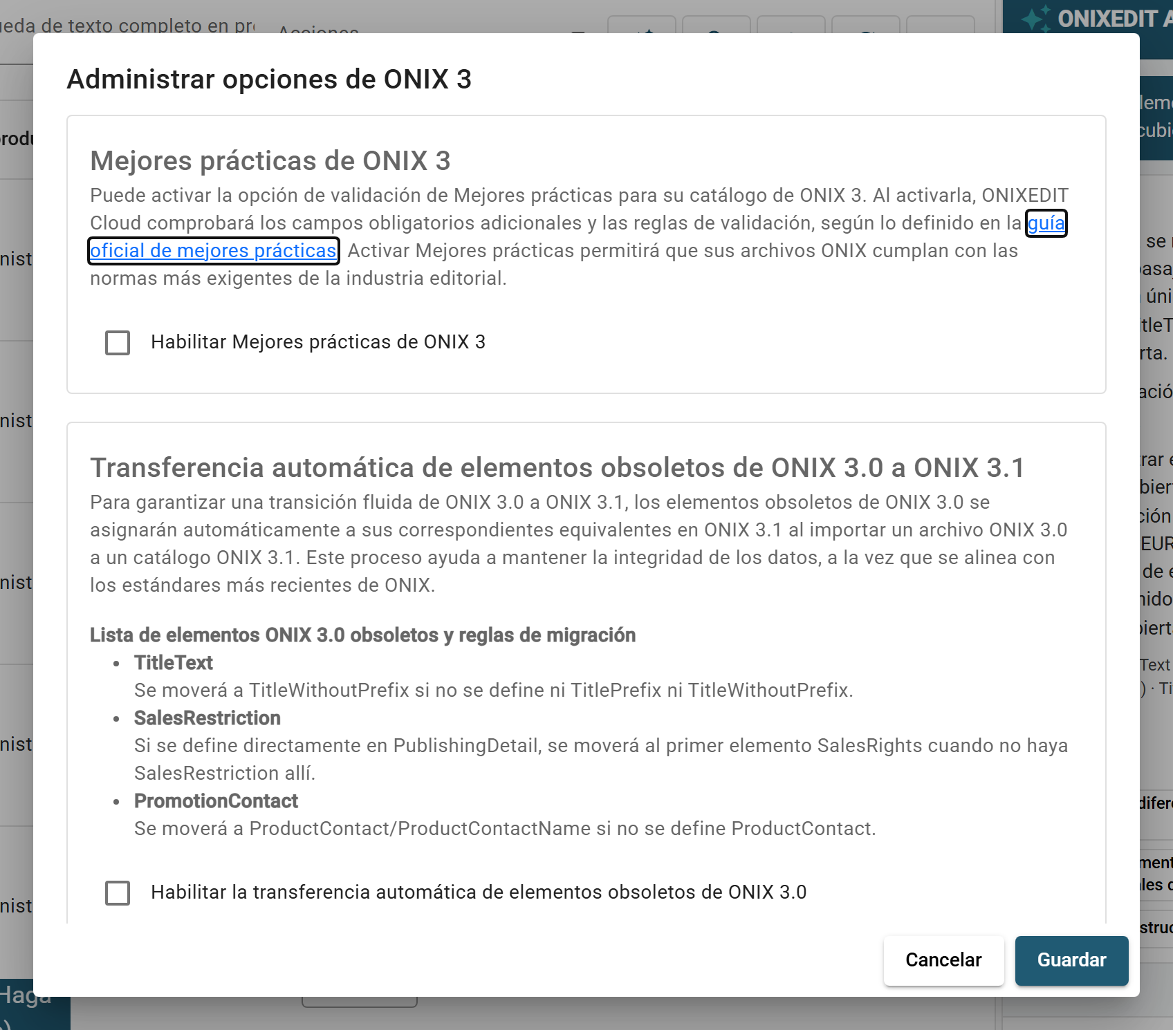 El diálogo Administrar opciones de ONIX 3 con la tarjeta Mejores prácticas de ONIX 3 y la tarjeta de transferencia automática de elementos obsoletos de ONIX 3.0.