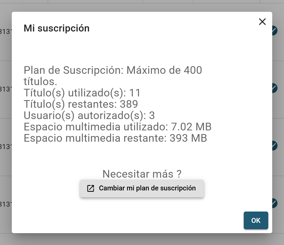 El diálogo Mi suscripción: plan, títulos utilizados y restantes, usuarios autorizados, espacio multimedia utilizado y restante, y el botón Cambiar mi plan de suscripción.