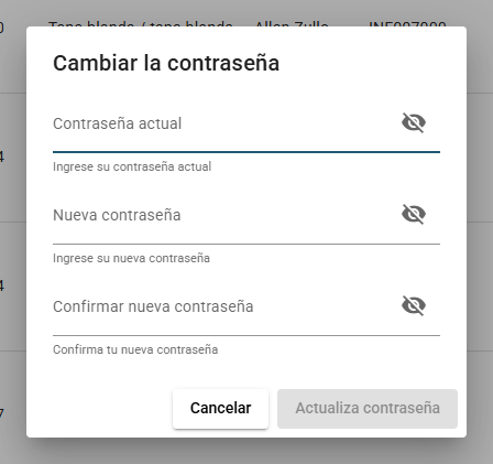 El diálogo Cambiar la contraseña con los campos Contraseña actual, Nueva contraseña y Confirmar nueva contraseña.