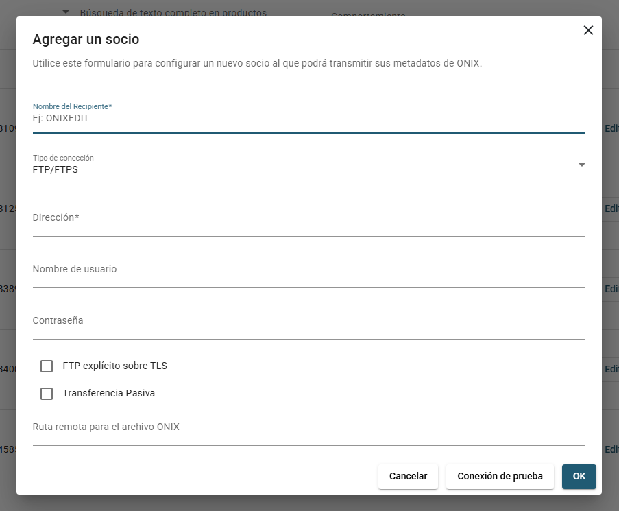 El formulario Agregar un socio: los ajustes de conexión, la tarjeta Nombre de archivo con su máscara y sus fichas, y la tarjeta Imágenes de portada.