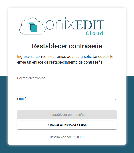 El formulario Restablecer contraseña que pide la dirección de correo electrónico de la cuenta, con el botón Restablecer contraseña y el enlace de regreso a la página de inicio de sesión