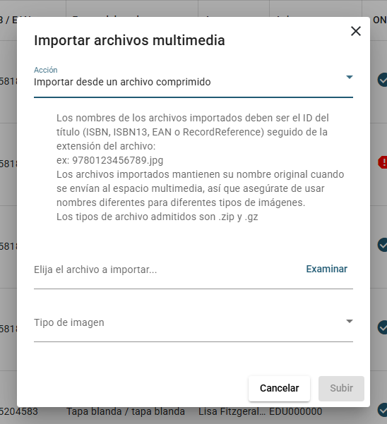 El diálogo Importar archivos multimedia: el selector Acción, las instrucciones de nomenclatura, el campo del archivo comprimido con su botón Examinar y la lista Tipo de imagen.