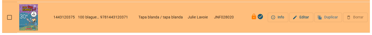 Un título bloqueado en la lista de títulos: fila naranja, candado en la columna ONIX y botón Borrar desactivado
