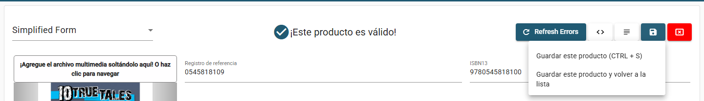 El menú Opciones de guardado de la barra de herramientas del encabezado, con las acciones de guardar en el sitio y de guardar y volver.