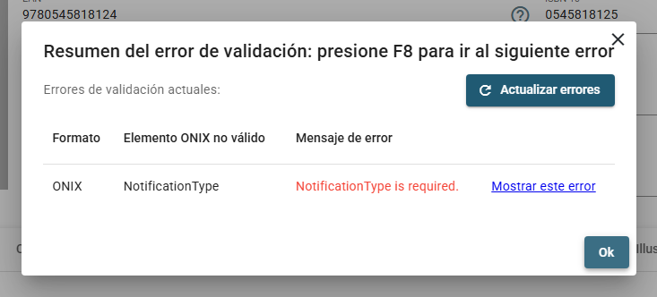 El diálogo Resumen del error de validación que lista cada error con su formato, elemento ONIX, mensaje y un enlace Mostrar este error