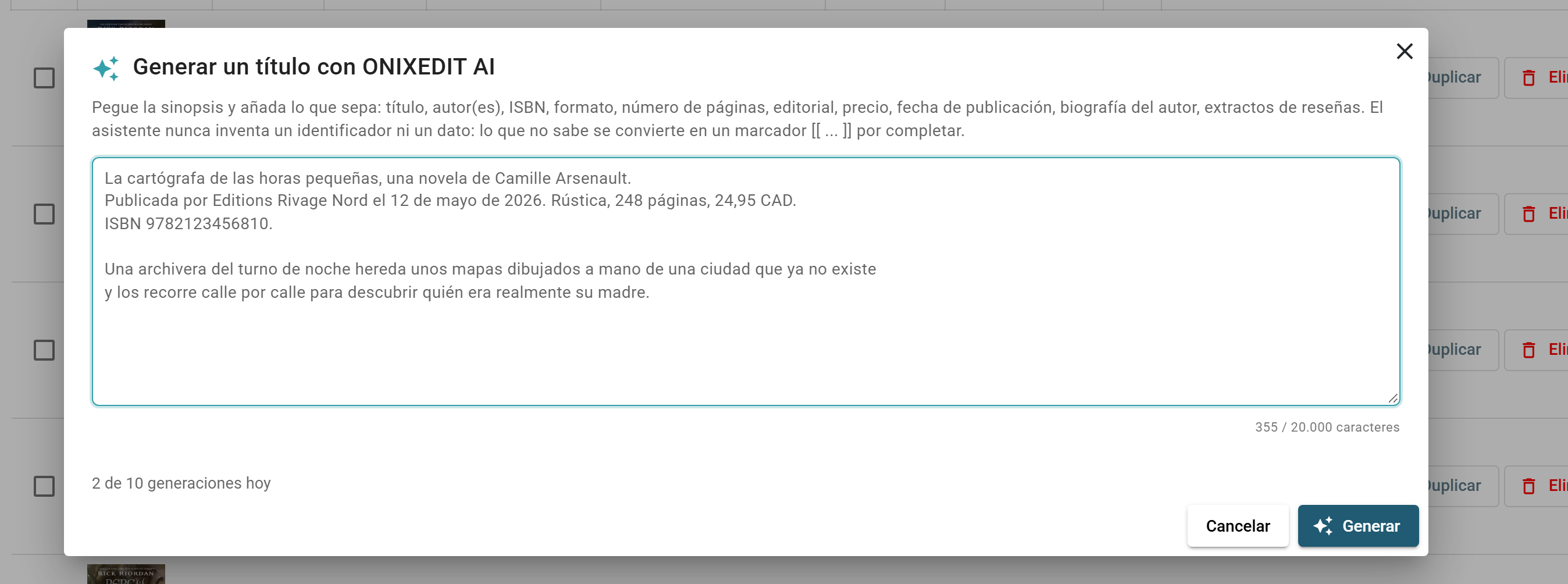 El diálogo Generar un título con ONIXEDIT AI: la zona de texto para la sinopsis y lo que sabe del título, el contador diario de generaciones y el botón Generar