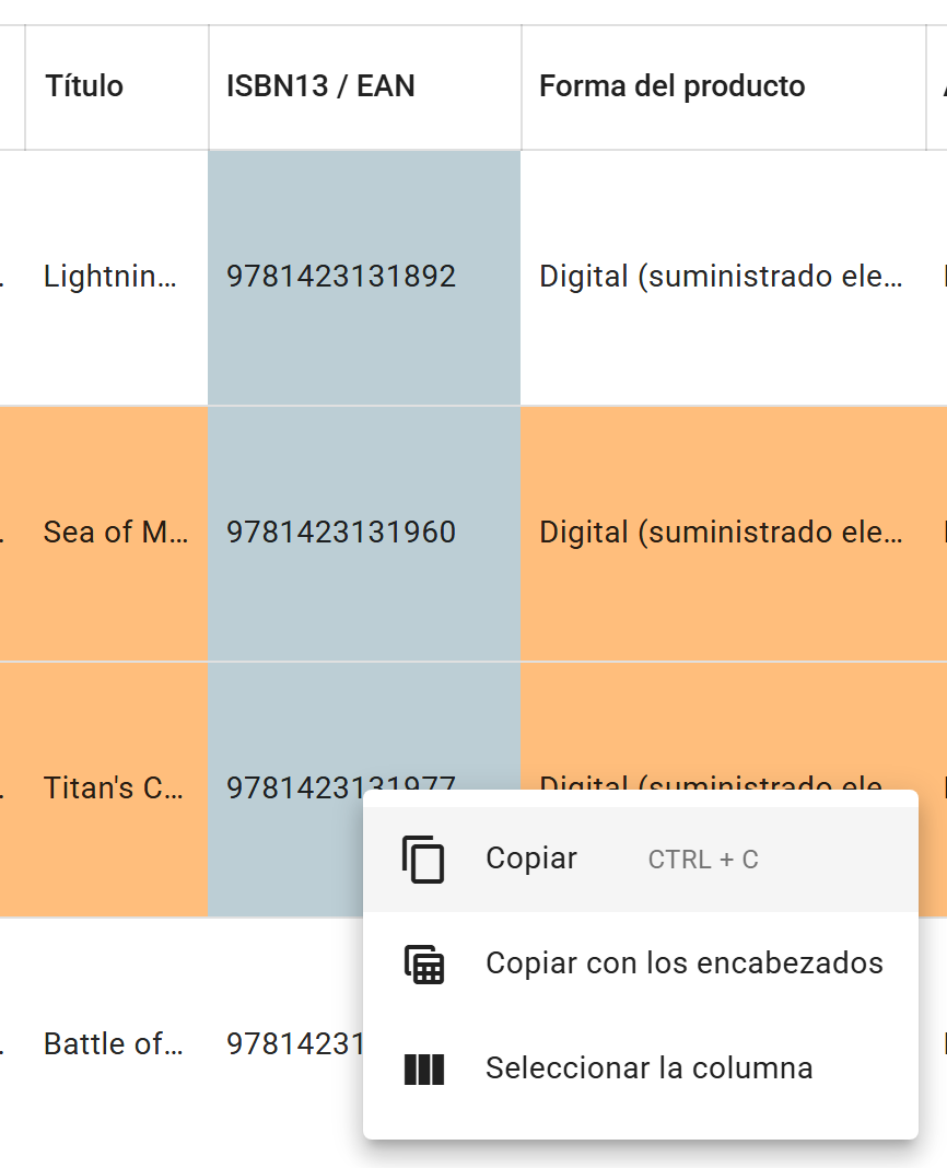 Celdas ISBN13/EAN seleccionadas en la lista y el menú de un clic derecho sobre ellas: Copiar, Copiar con los encabezados y Seleccionar la columna
