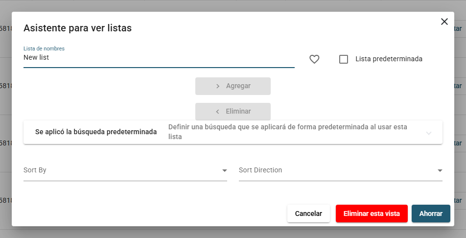 El Asistente para ver listas: el nombre de la lista, el corazón de favorito, la casilla Lista predeterminada, las columnas disponibles a la izquierda, las columnas de la vista a la derecha, el panel Se aplicó la búsqueda predeterminada y los ajustes de ordenación