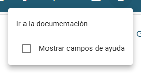 El menú Ayudar con el enlace Ir a la documentación y la casilla Mostrar campos de ayuda