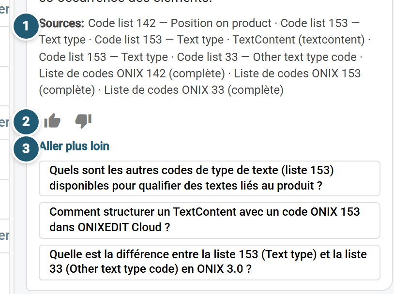 Le bas d'une réponse : la ligne Sources, les boutons pouce en haut et pouce en bas, et les questions de suivi d'Aller plus loin.