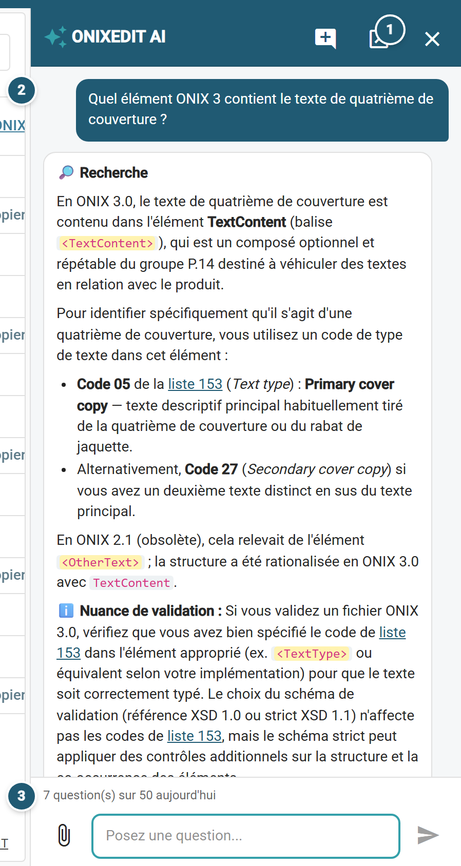 Le panneau ONIXEDIT AI ancré à droite de la liste des titres : la question posée, la réponse avec les éléments ONIX qu'elle nomme surlignés, le compteur quotidien et la zone de question.