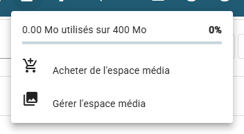 Le menu Espace média de la barre supérieure : la ligne d'utilisation, le pourcentage, la jauge et les entrées Acheter de l'espace média et Gérer l'espace média.
