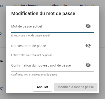 La boîte de dialogue Modification du mot de passe avec les champs Mot de passe actuel, Nouveau mot de passe et Confirmation du nouveau mot de passe.