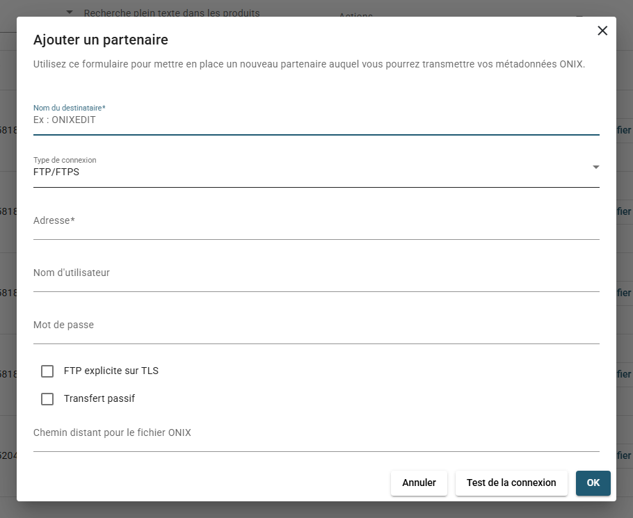 Le formulaire Ajouter un partenaire : les réglages de connexion, la carte Nom de fichier avec son masque et ses jetons, et la carte Images de couverture.