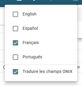 Le menu Langue avec le sous-menu Interface ouvert, listant English, Español, Français, Português et l'option Traduire les champs ONIX