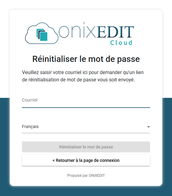 Le formulaire Réinitialiser le mot de passe demandant l'adresse courriel du compte, avec le bouton Réinitialiser le mot de passe et le lien de retour à la page de connexion