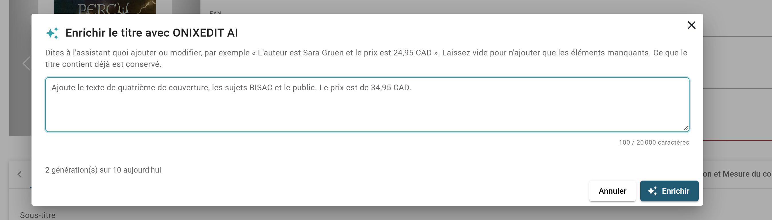 Le dialogue Enrichir le titre avec ONIXEDIT AI : la zone d'instructions facultative, le compteur quotidien de générations et le bouton Enrichir
