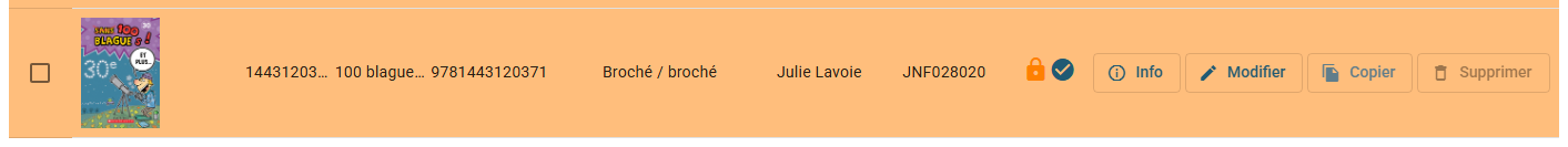 Un titre verrouillé dans la liste des titres : ligne orange, cadenas dans la colonne ONIX et bouton Supprimer désactivé