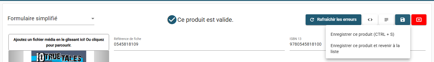Le menu Options d'enregistrement de la barre d'outils de l'en-tête, avec l'enregistrement sur place et l'enregistrement avec retour à la liste.