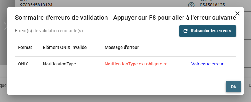 La boîte de dialogue Sommaire d'erreurs de validation listant chaque erreur avec son format, son élément ONIX, son message et un lien Voir cette erreur