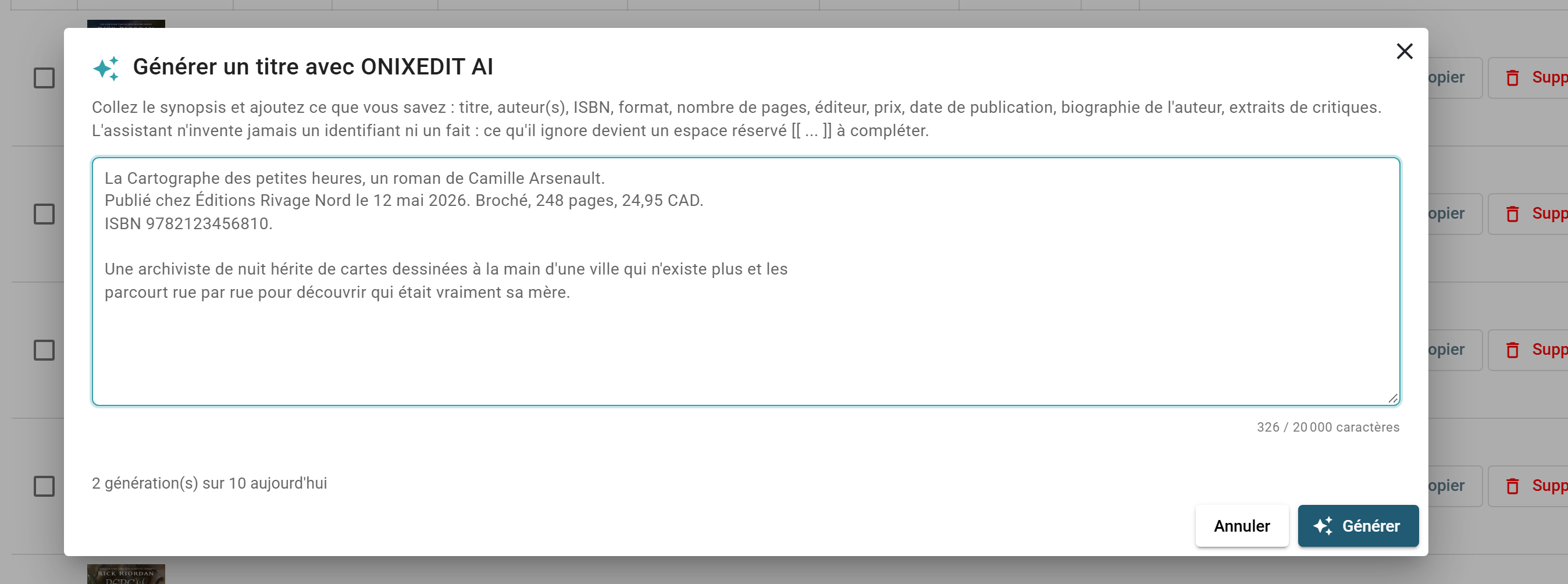 Le dialogue Générer un titre avec ONIXEDIT AI : la zone de texte pour le synopsis et ce que vous savez du titre, le compteur quotidien de générations et le bouton Générer