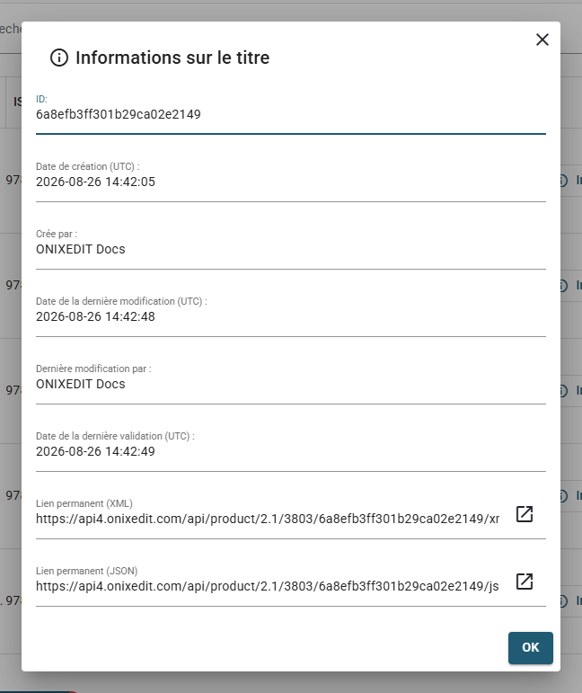 La boîte de dialogue Informations sur le titre avec les dates de création et de modification, les utilisateurs concernés, la date de dernière validation et les deux liens permanents