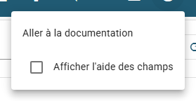 Le menu Aide avec le lien Aller à la documentation et la case à cocher Afficher l'aide des champs