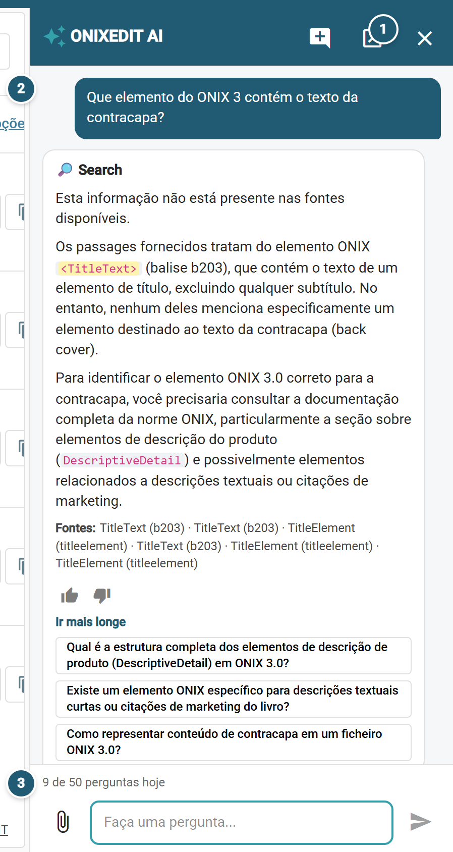 O painel ONIXEDIT AI ancorado à direita da lista de títulos: a pergunta feita, a resposta com os elementos ONIX que ela menciona destacados, o contador diário e a caixa de pergunta.